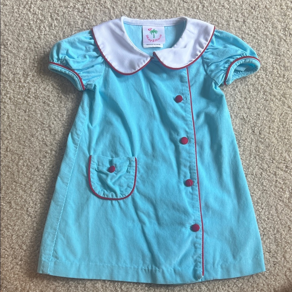 Shrimp and Grits Blue Corduroy Dress w Red Trim and Buttons